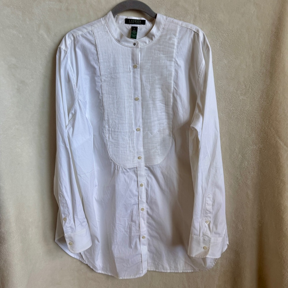 Lauren Ralph Lauren Womens White Pintuck Tuxedo Front Blouse Size 1X Cotton